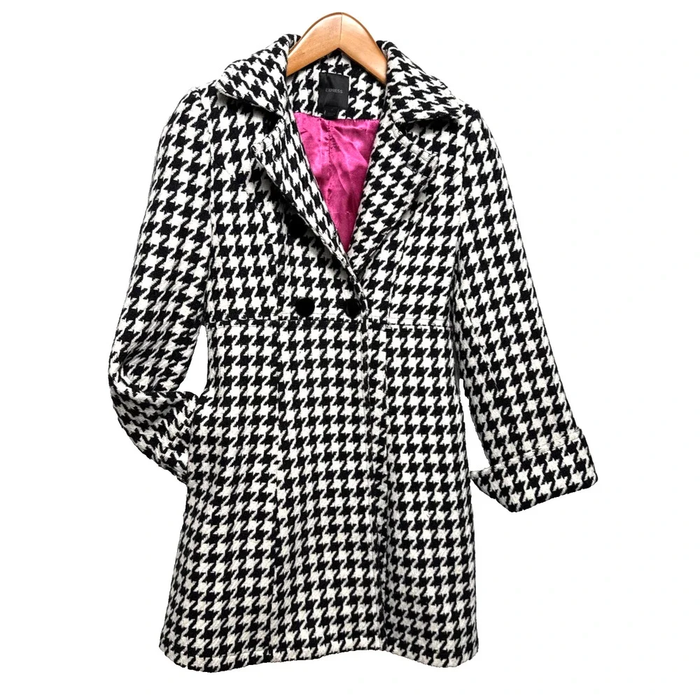 Y2K Express Wool Houndstooth Pea Coat Womens Small EUC Baby Doll Style Outerwear - Picture 1 of 12